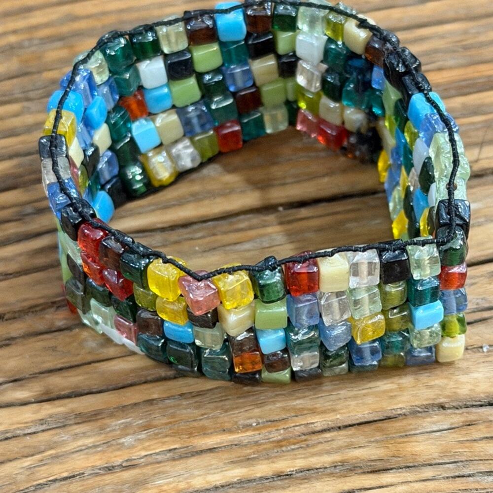 Bracelet Beaded Cuff Womens Loom Woven Square Seed Bead Multicolored Retro Y2K